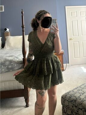 American Eagle Outfitters Festival Olive Green Eyelet Mini Dress
